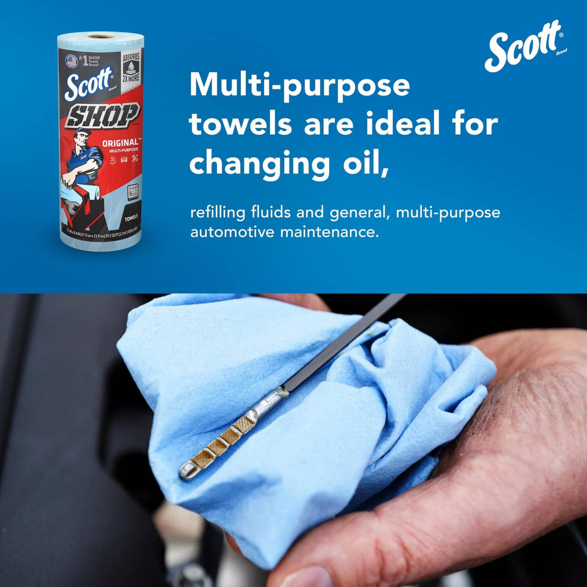 Blue shop towel in hand with Scott Original roll package, multi-purpose cleaning towels.