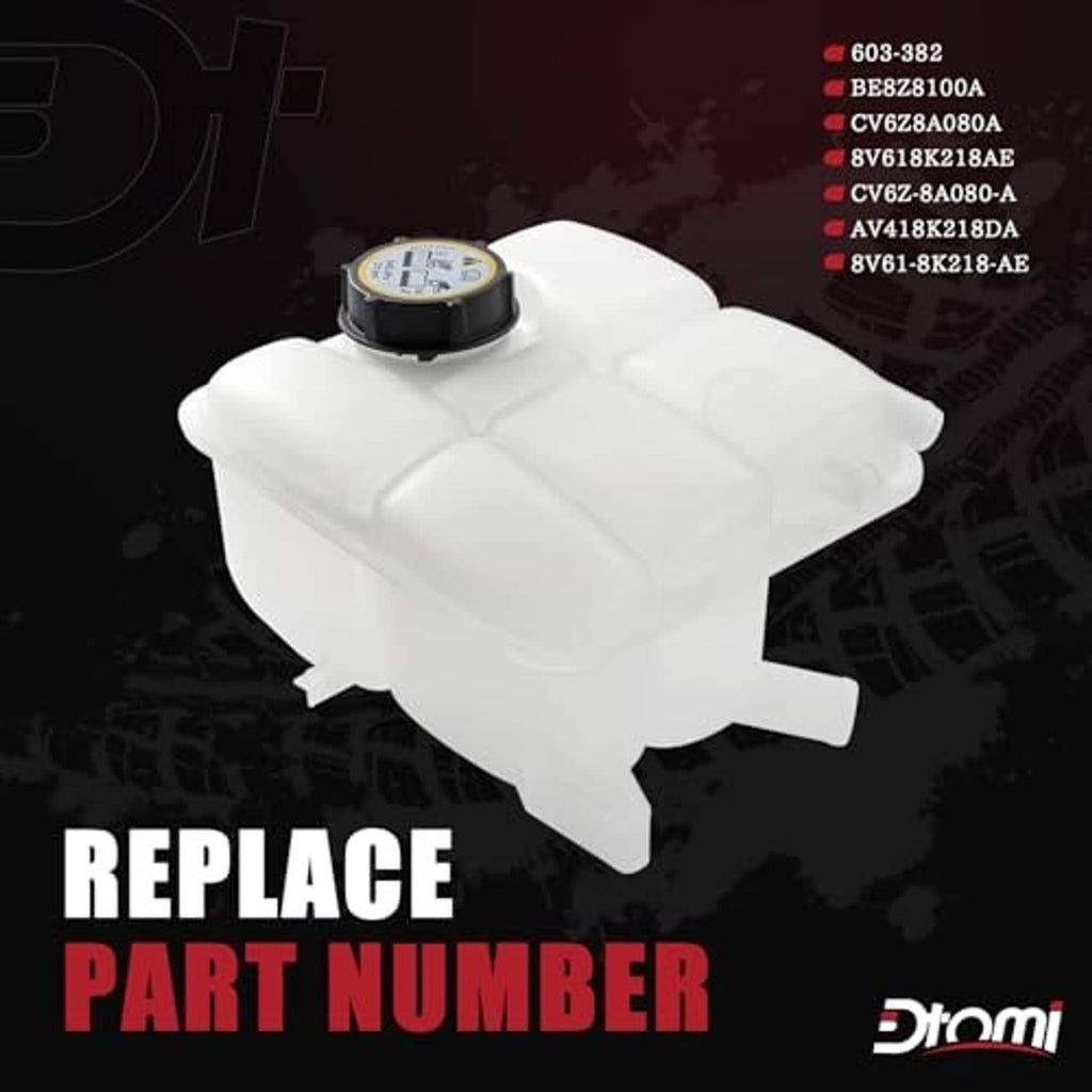 White engine coolant expansion tank with black cap, angled view, plastic