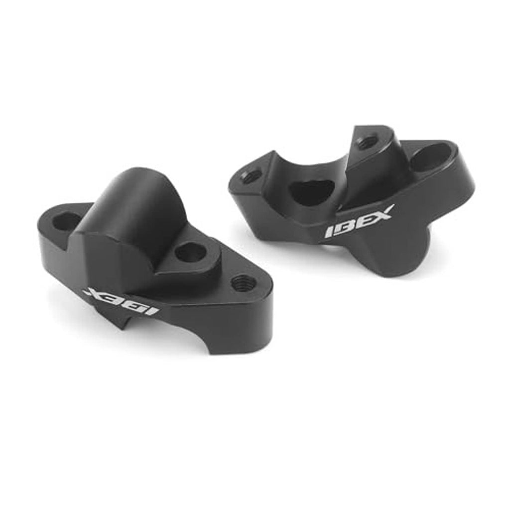 Black handlebar riser pair in close view, showing threaded bolt hole and curved clamp