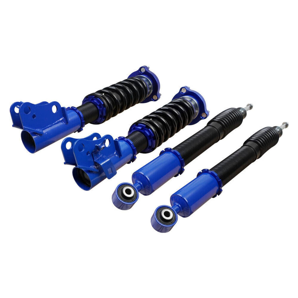 Blue coilover suspension kit set with black springs and cylindrical shock housings