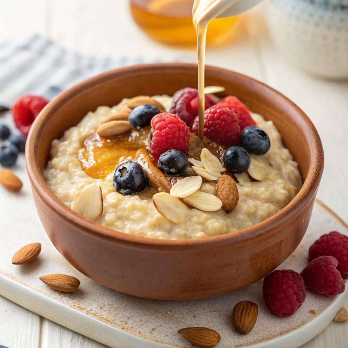 Creamy oatmeal bowl topped with blueberries, raspberries, almonds, and honey drizzle