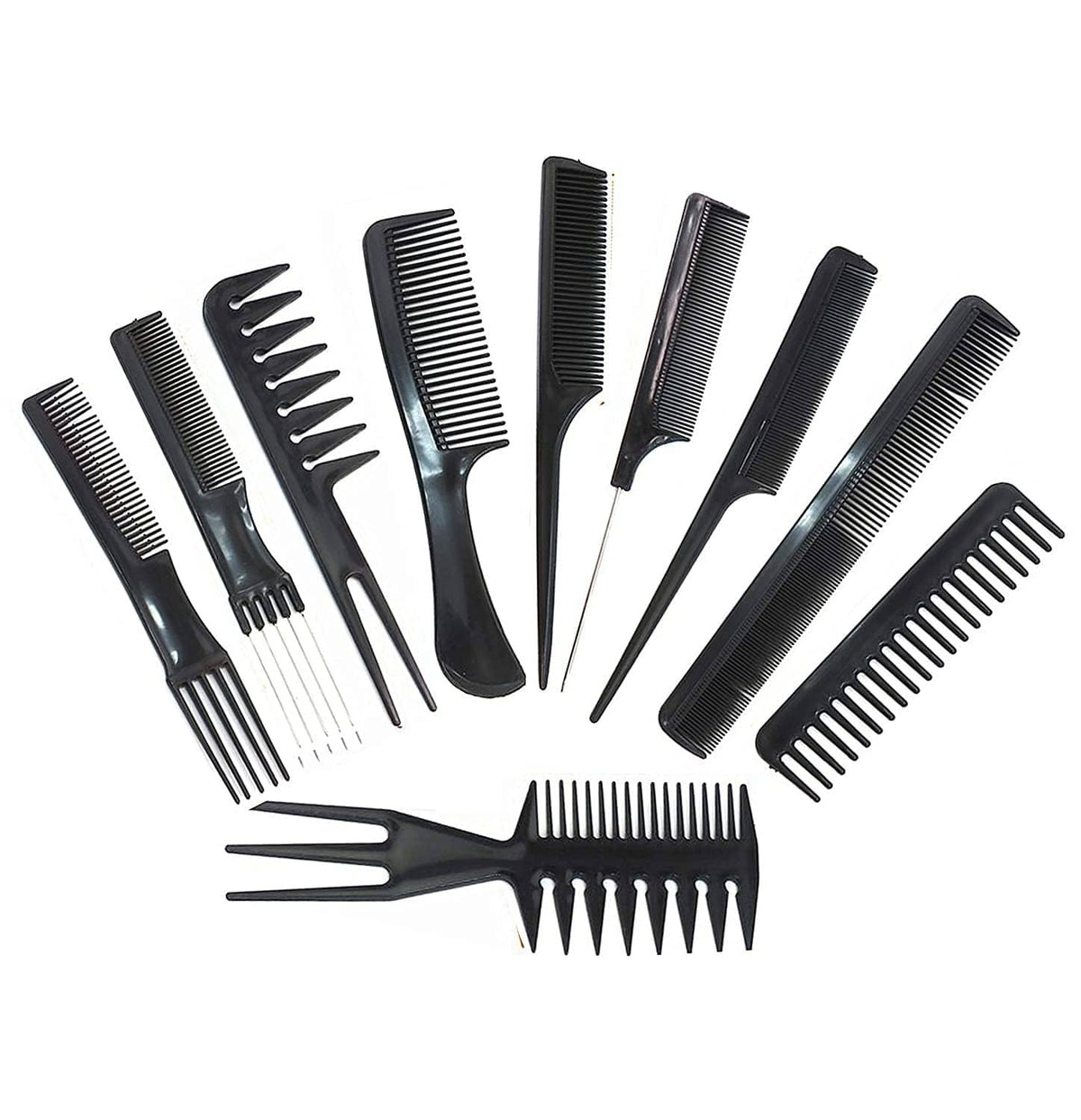 Black 10-piece styling comb set with fine and wide-tooth combs