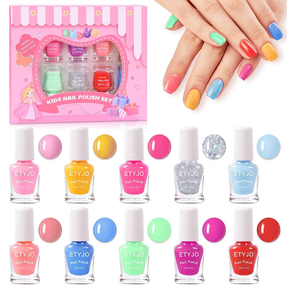 Kids non-toxic nail polish set with rainbow bottles and colorful manicure on hands
