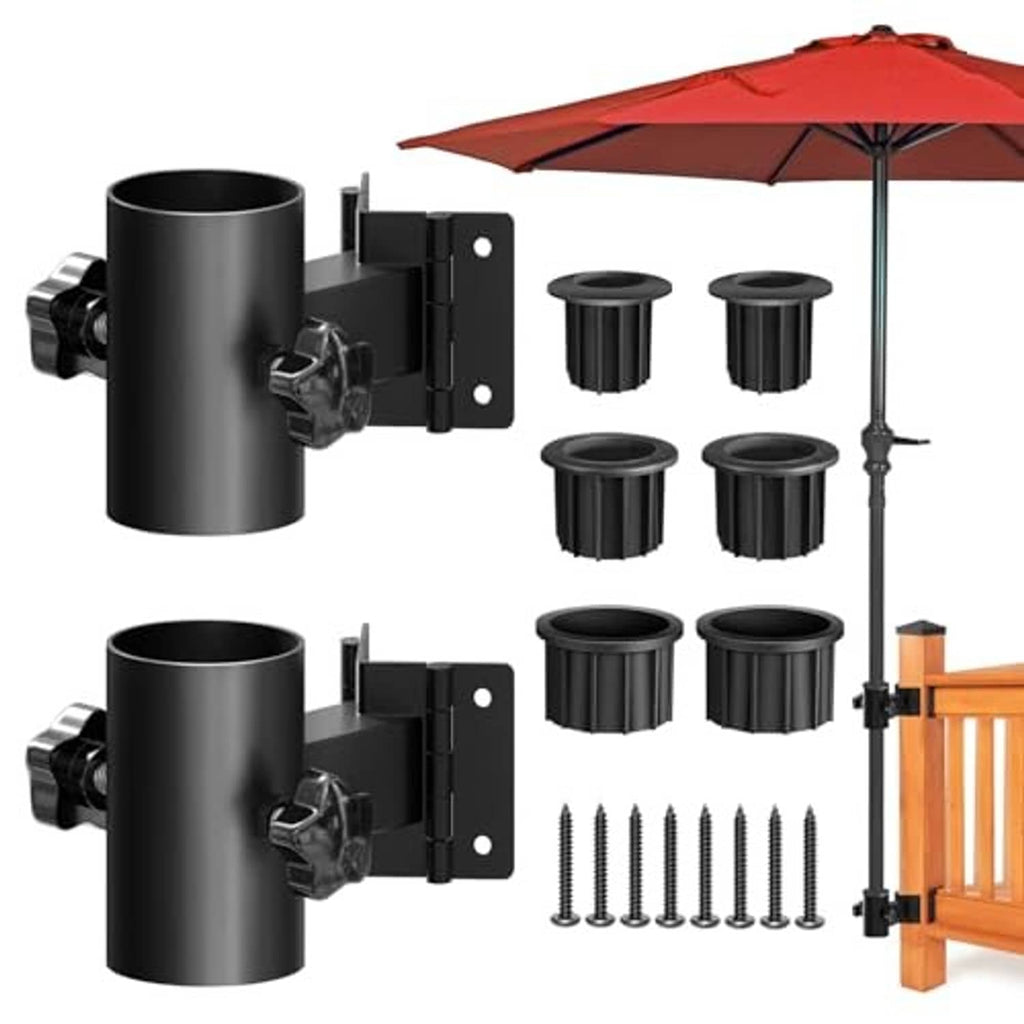 Black umbrella deck mount holder kit with bracket, five PVC sleeves, and hardware