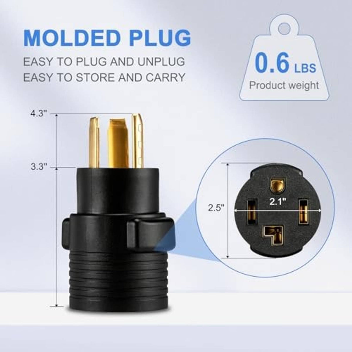 Black molded plug adapter with gold prongs and size diagram