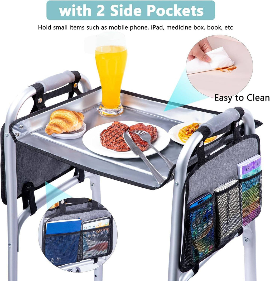 Walker tray table with cup holder and two side pockets for small essentials