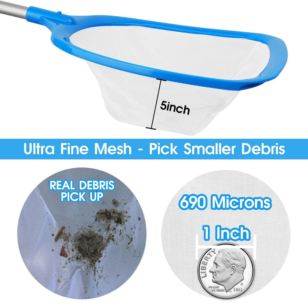 Blue pool skimmer net with white fine-mesh bag, rounded frame