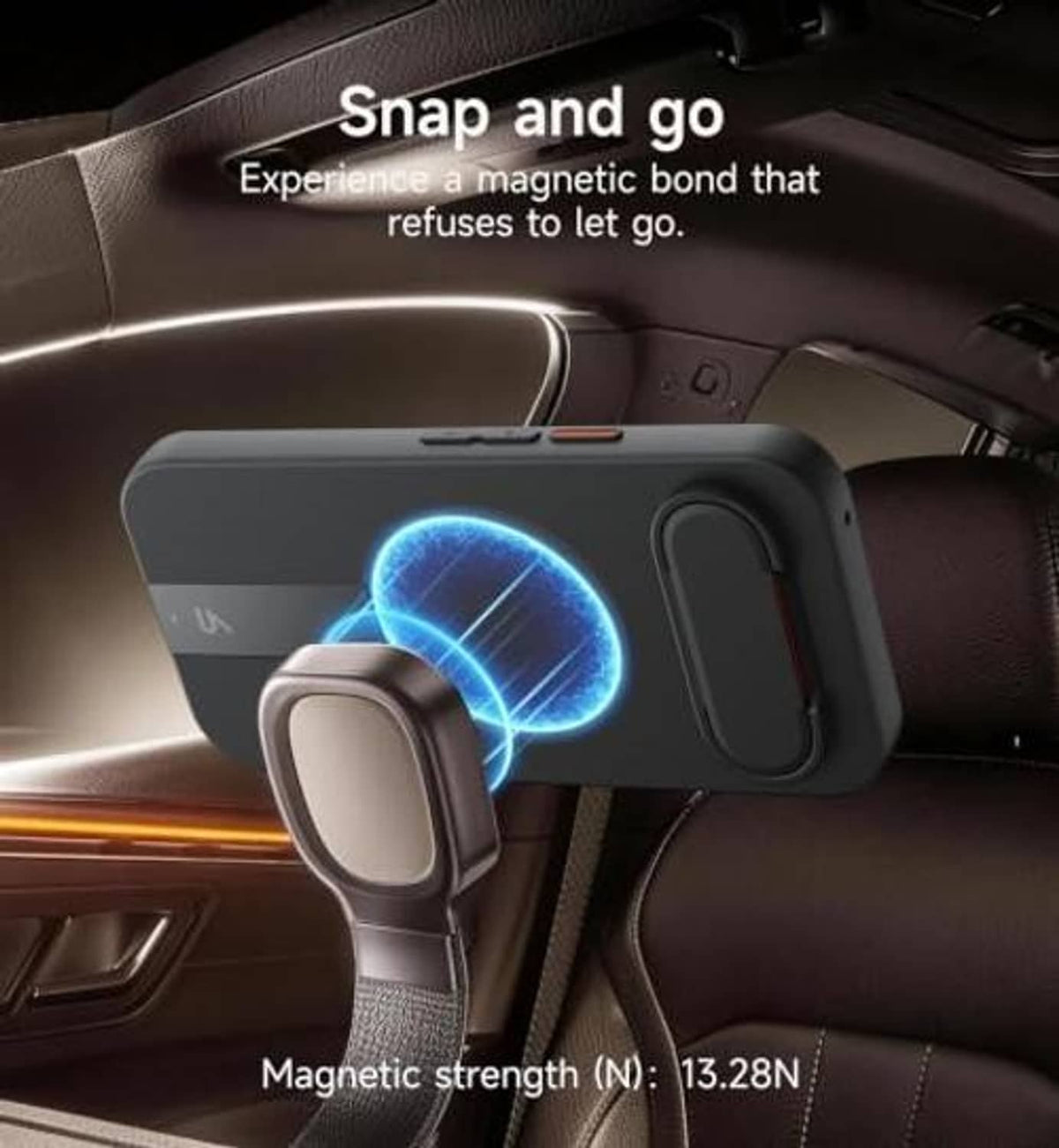 Black MagSafe phone case showing magnetic connection with fold-out kickstand