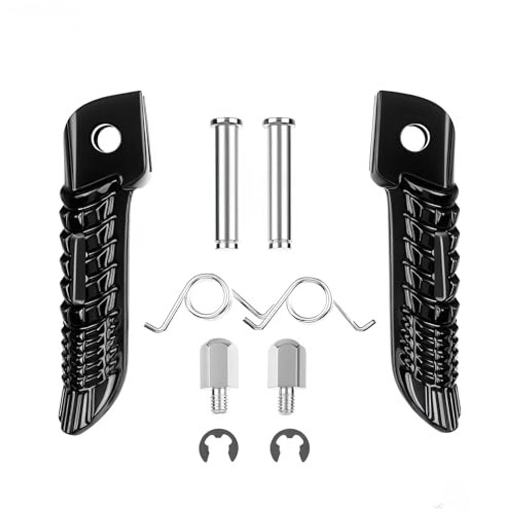 Black front foot pegs kit with two pegs, brackets, screws, and U-clips.