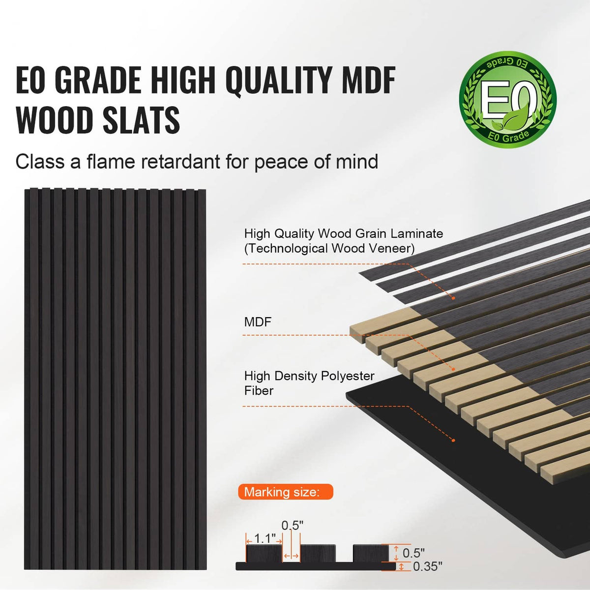 Black wood slat acoustic panel with laminated wood grain and polyester fiber layers