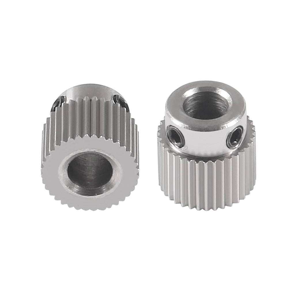 Stainless steel 36-tooth extruder drive gear front and back views with mounting holes