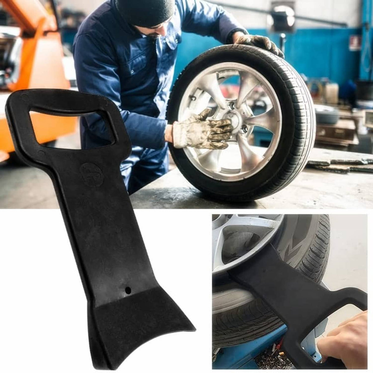 Black tire bead clamp tool shown in use with installer hand on wheel