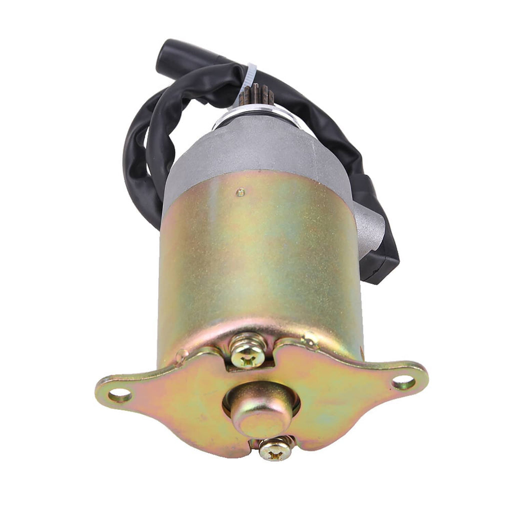 Starter motor rear mount plate with two holes, black wire wrap, iridescent body
