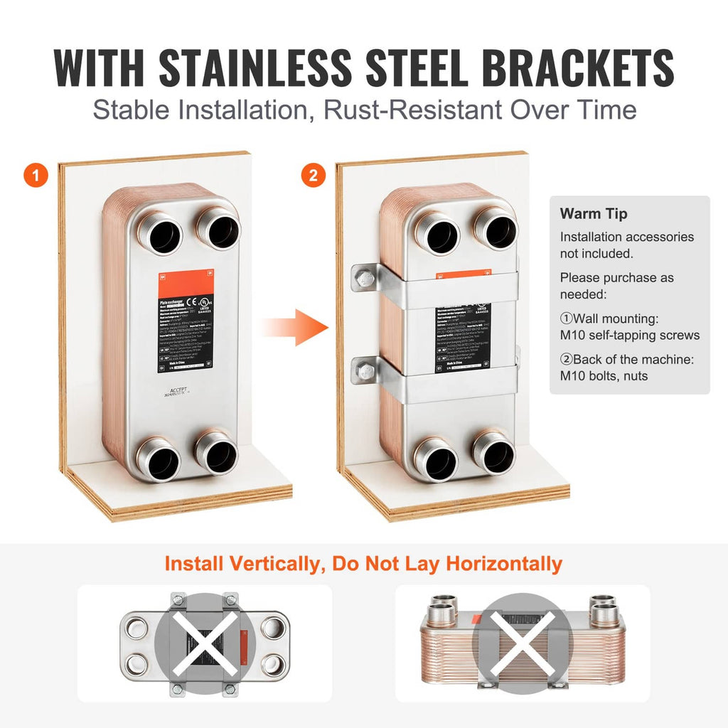 Copper-brazed plate heat exchanger with stainless mounting brackets for vertical installation.