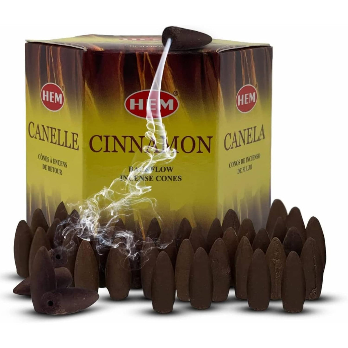 Backflow incense cones box with dark brown cones and wisps of smoke