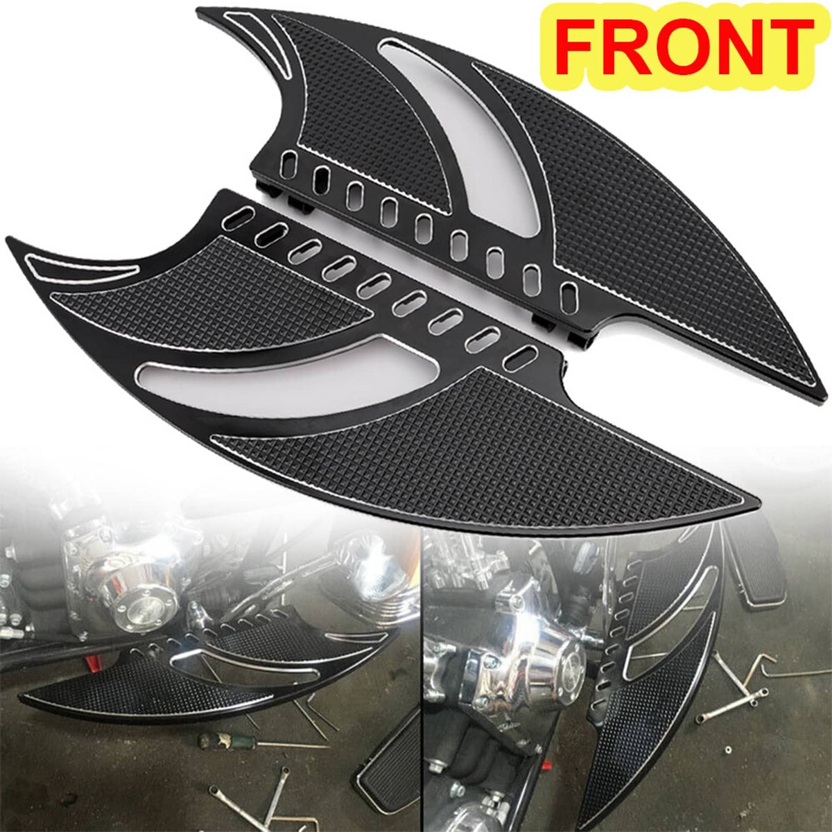 Motorcycle front floorboards, black textured panels with silver channels and rows of slots