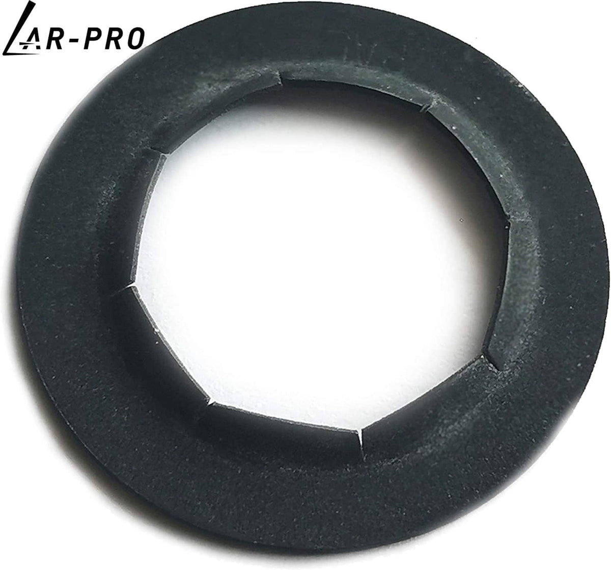 Black push-on pushnut lock washer with inner hexagonal opening and toothed rim