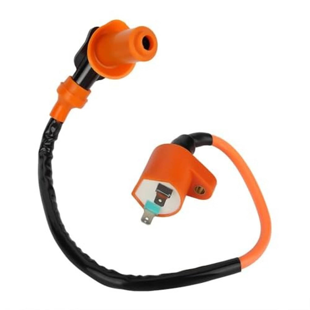 Ignition coil wiring leads with orange connectors and black cable.