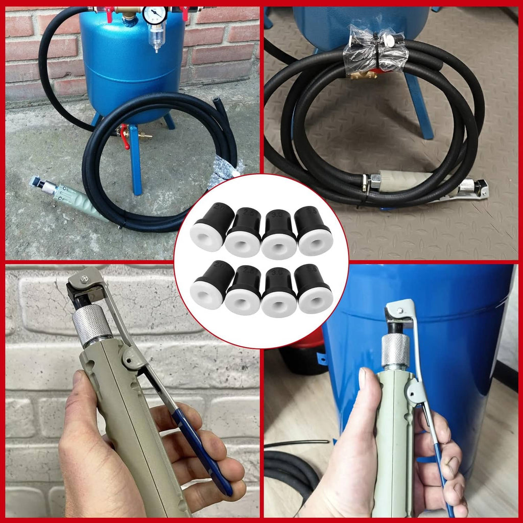 Sandblaster gun nozzle tips shown attached, plus close-up of black and white tip pieces