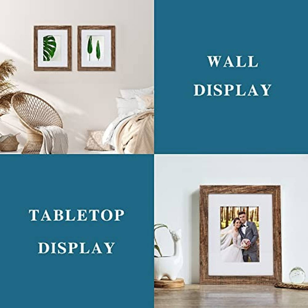 Rustic brown picture frames with glass, white mats, and portrait photos displayed