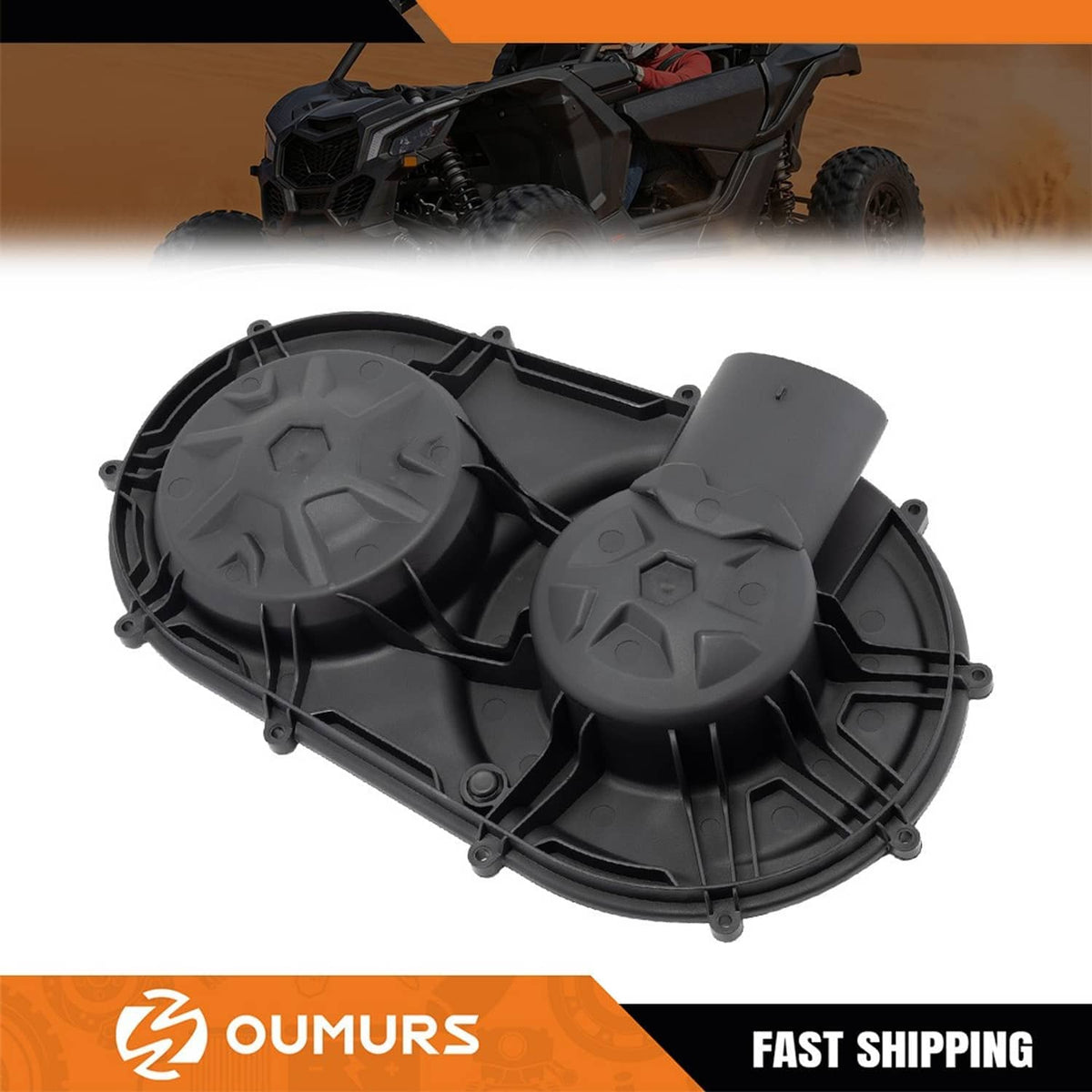 Outer clutch cover, black with two round inner fan wheels and mounting points on edge