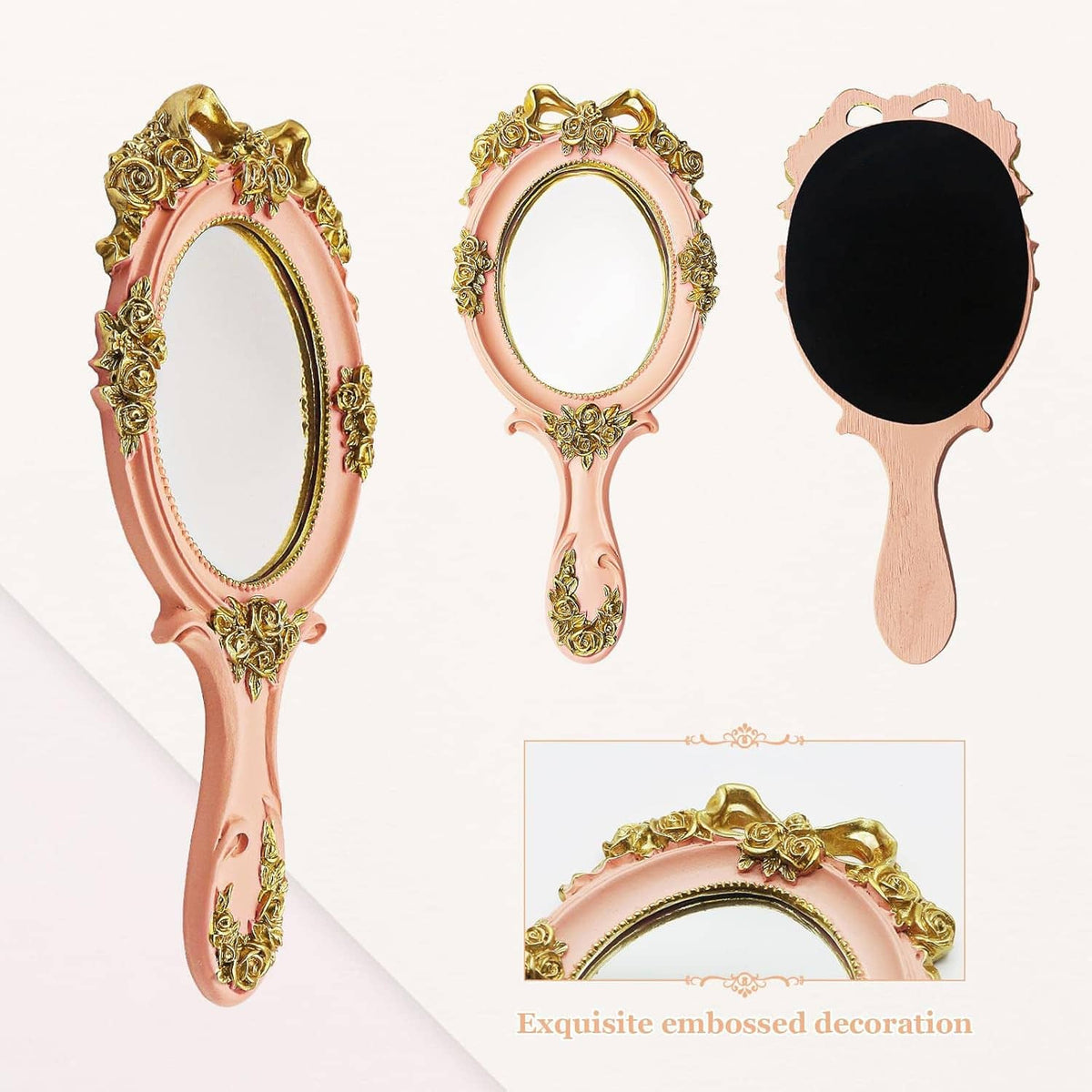 Pink ornate handheld mirror with gold rose-embossed border; plus small round mirror