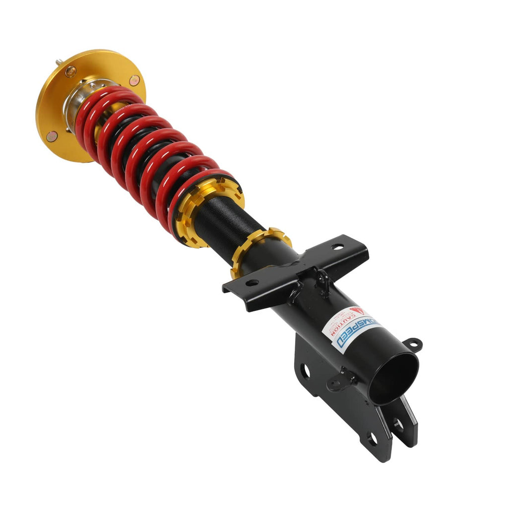 Coilover strut with red spring, gold adjustment ring, and black front mount