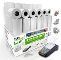 Thermal paper receipt rolls, white paper on a dispenser tray with visible roll cores