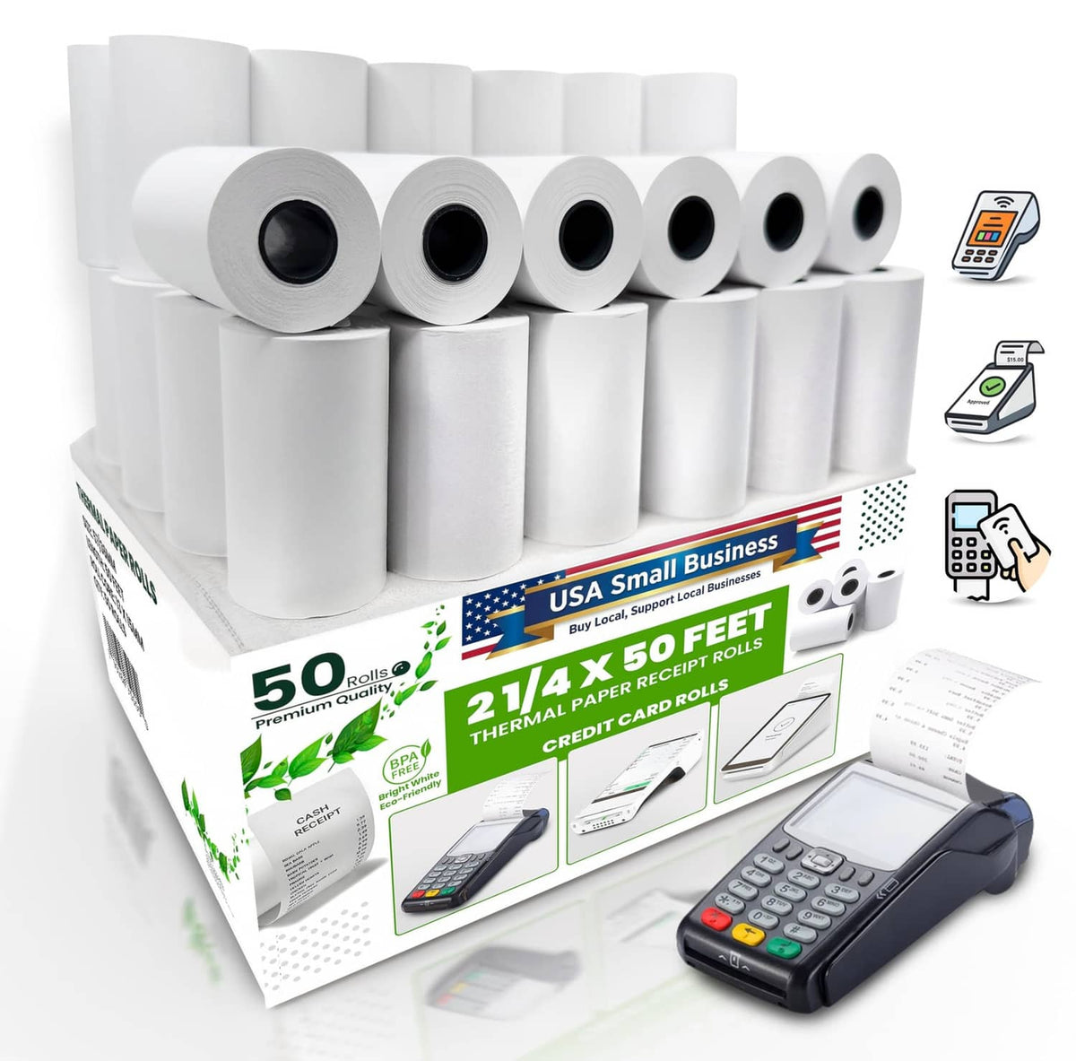 Thermal paper receipt rolls, white paper on a dispenser tray with visible roll cores