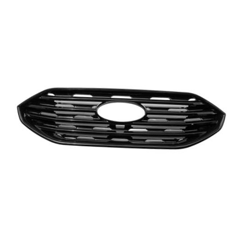 Gloss black front grille overlay, full-width horizontal slats and centered round opening