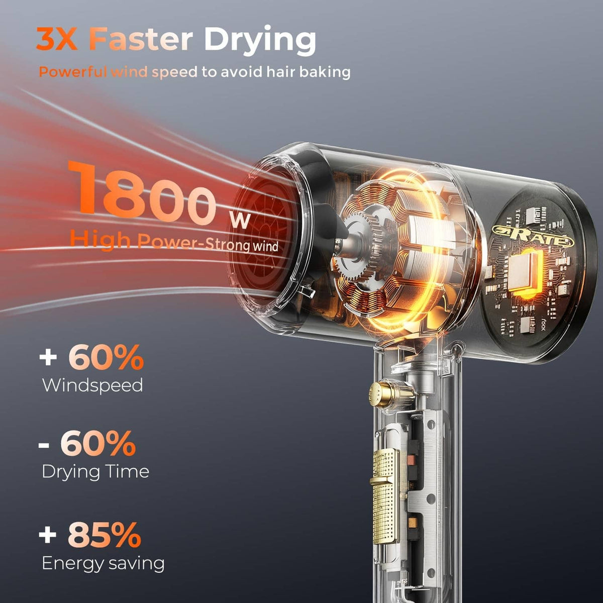 Black SHRATE ionic hair dryer with turbo fan and airflow outlet close-up