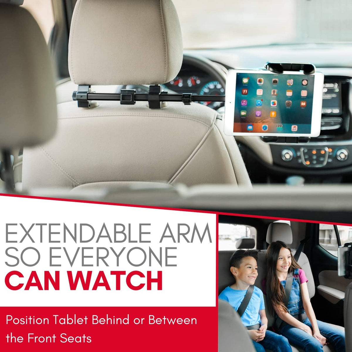 Extendable backseat tablet arm mount positioned between front seats with tablet display