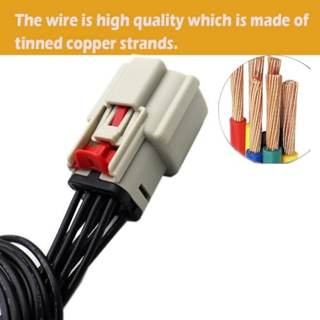 Headlight wiring connector showing red latch and tinned copper wire strands