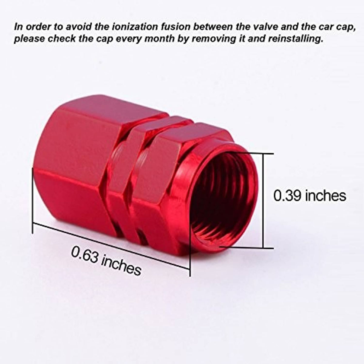 Red metal tire valve cap with ridged bands and threaded opening, size labels shown