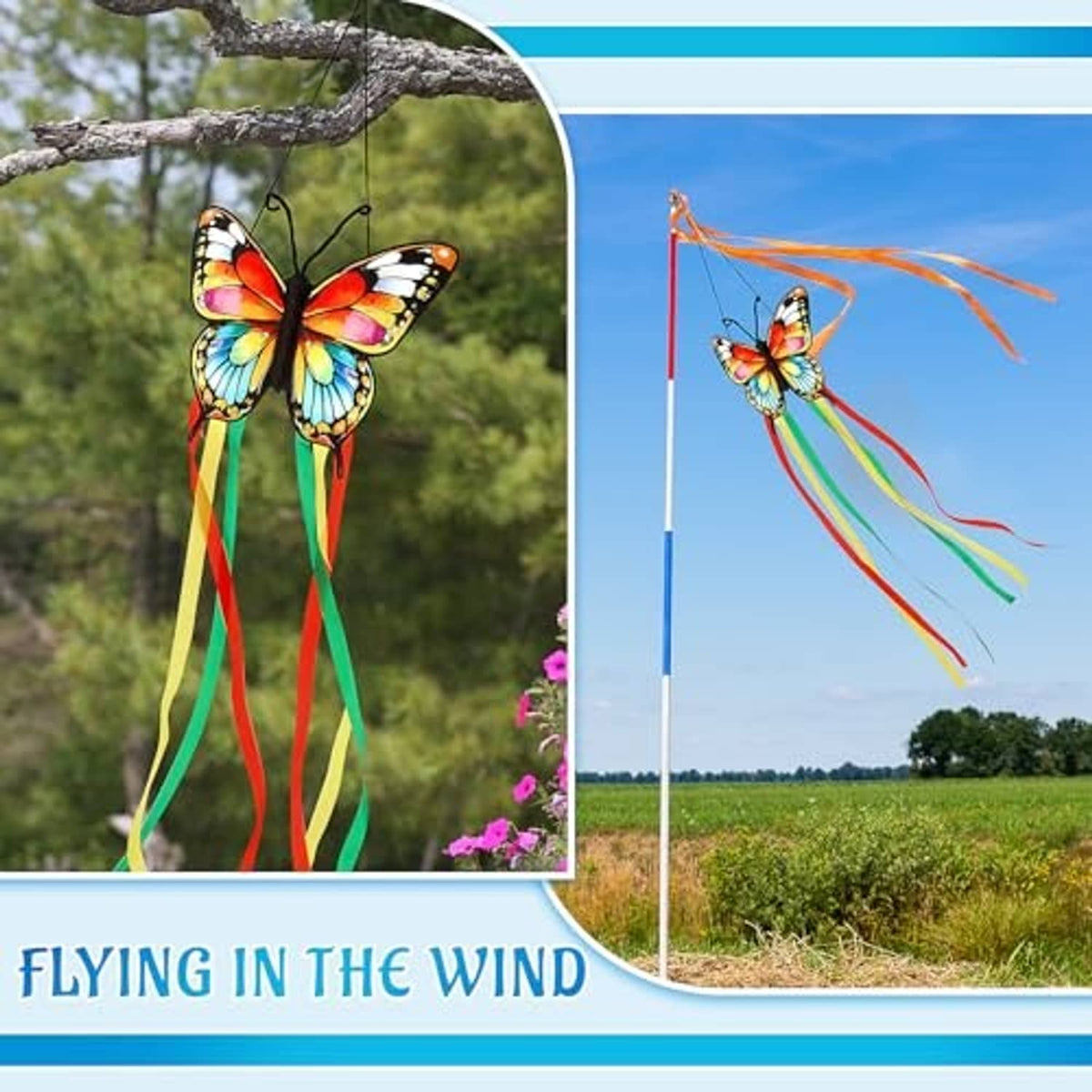 Butterfly windsock on tall outdoor pole with multicolor ribbon tails