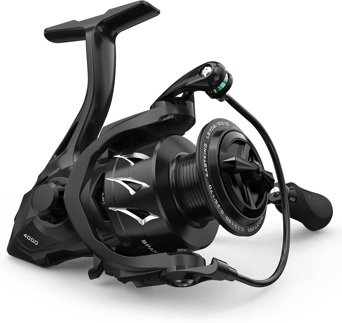Black spinning reel with large line spool, handle grip and drag dial