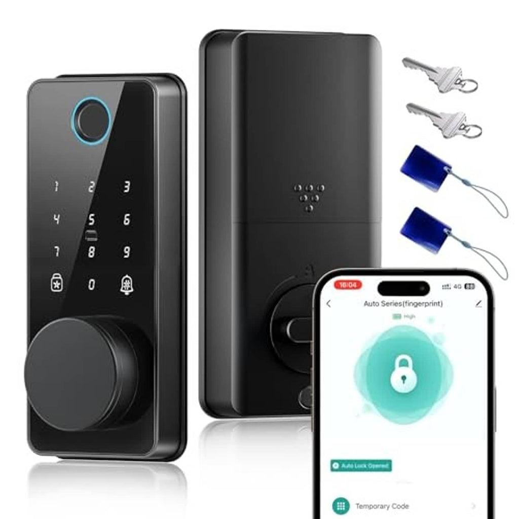 Glossy black smart door lock with keypad and fingerprint sensor, plus key fobs and app phone
