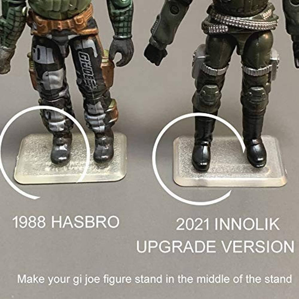 Transparent figure stand base with circular peg, holding action figure legs