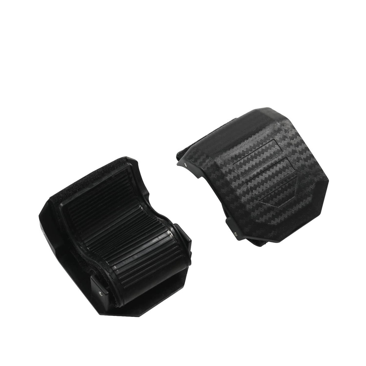 Black mounting clamps with textured grip surfaces