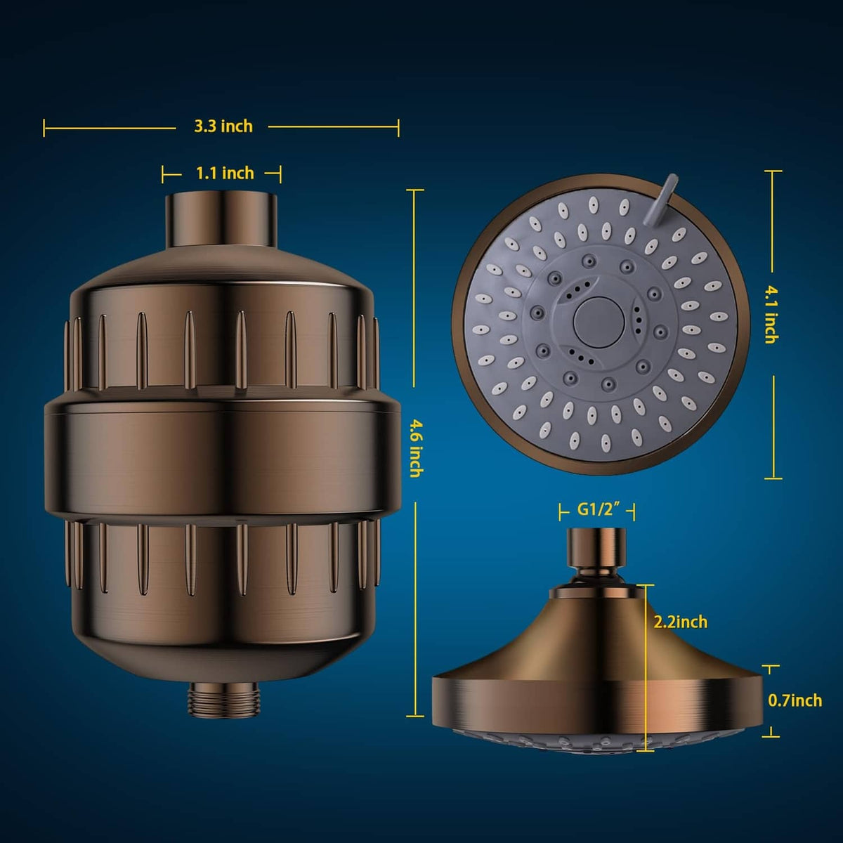 Oil-rubbed bronze shower head with face plate nozzles and shower arm; size details