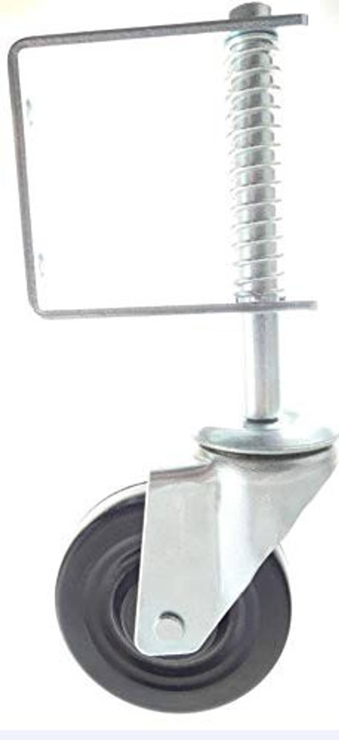 Spring gate caster with black wheel, steel fork, and coiled compression spring