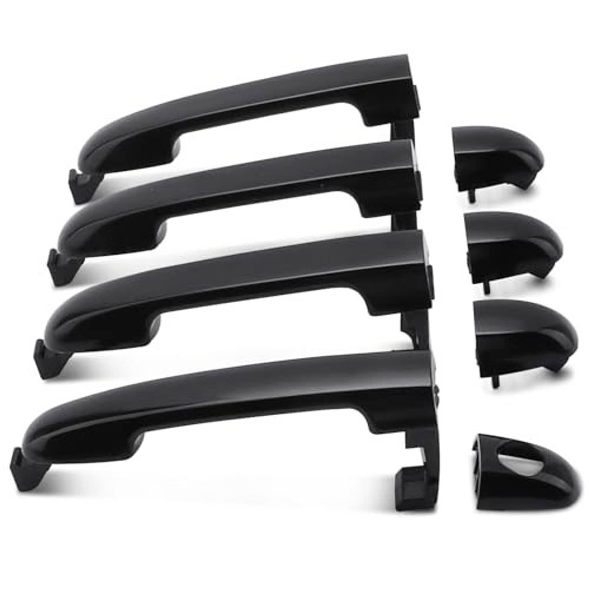Four black exterior door handles shown from front angle with side covers