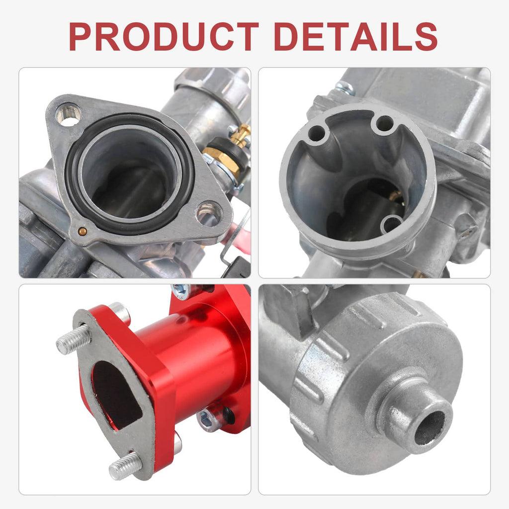 VM22 carburetor close-up with black intake bore and red air filter adapter