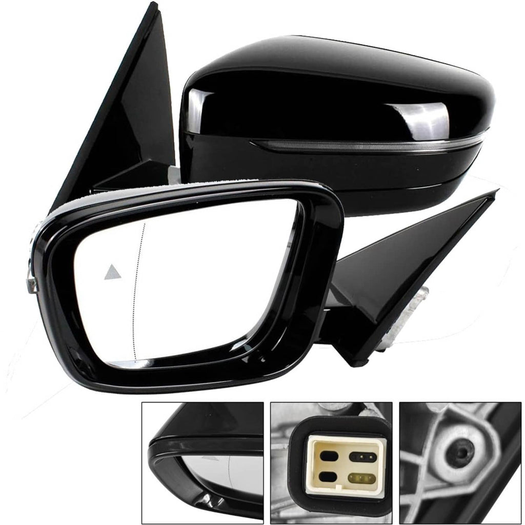 Black left driver-side power mirror with blind spot indicator and turn-signal strip