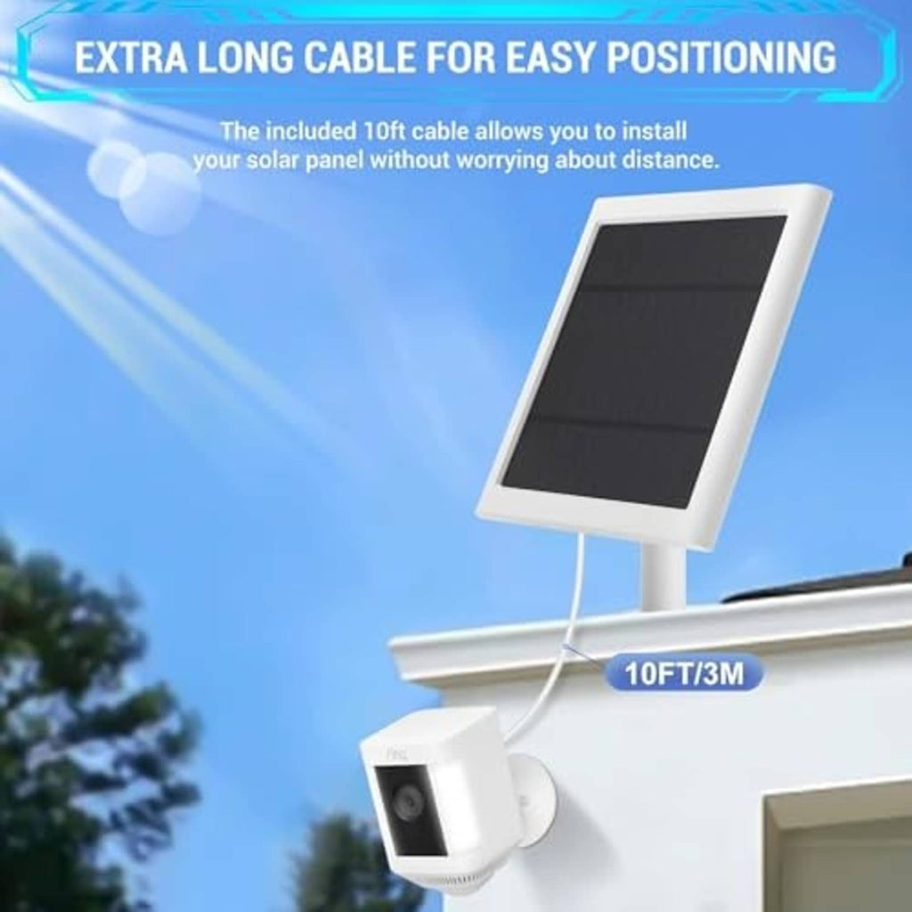 White solar panel charger with extra-long cable and outdoor camera mount