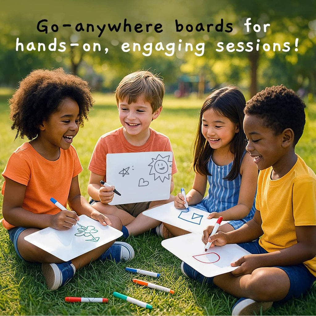 White dry-erase lapboards with simple drawings made using colorful markers
