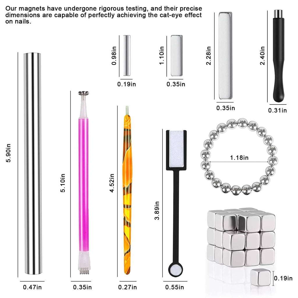 Cat-eye nail magnet kit with long tube magnet, tools, bead bracelet, and metal blocks