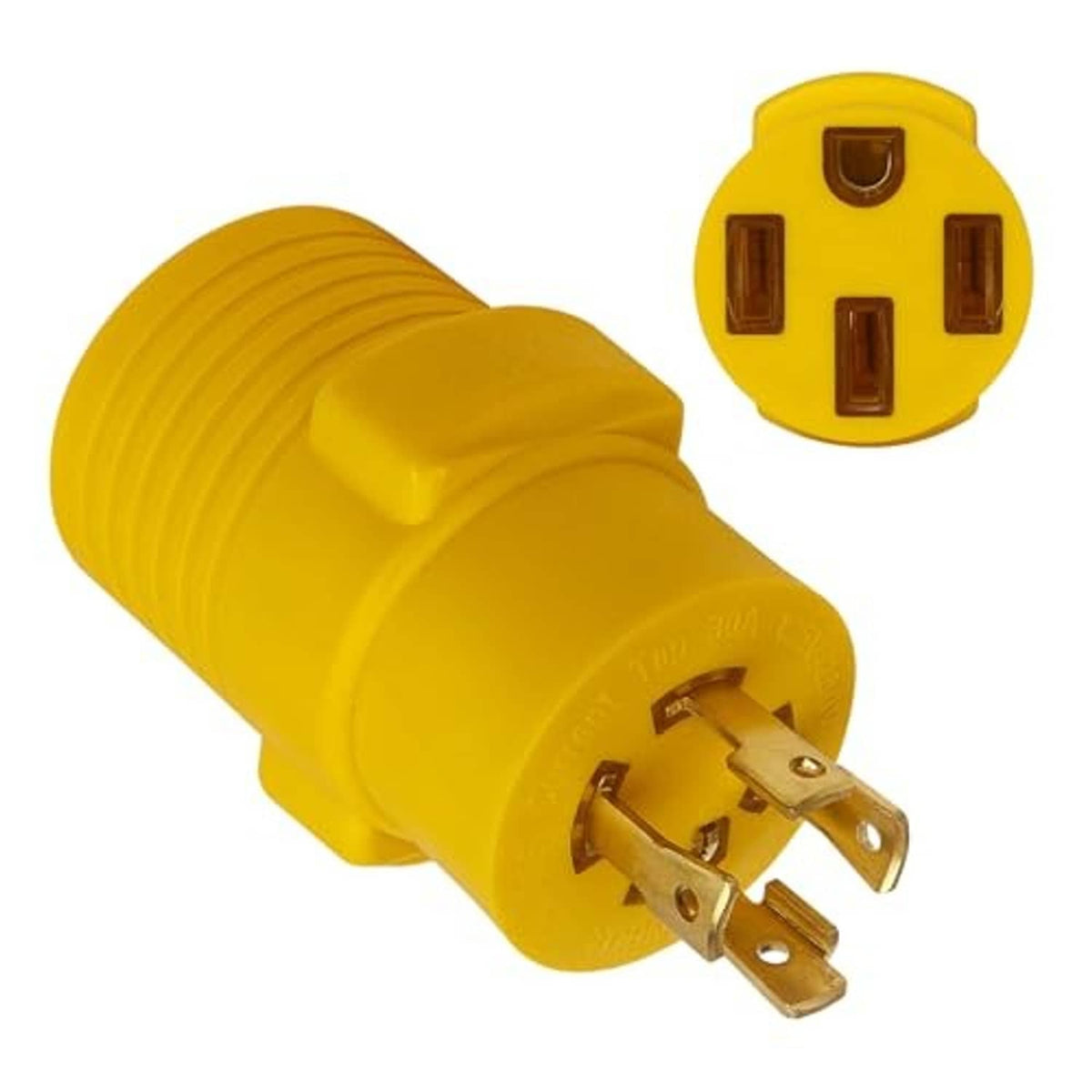 Yellow RV generator adapter plug, 4-prong male plug end with connector face