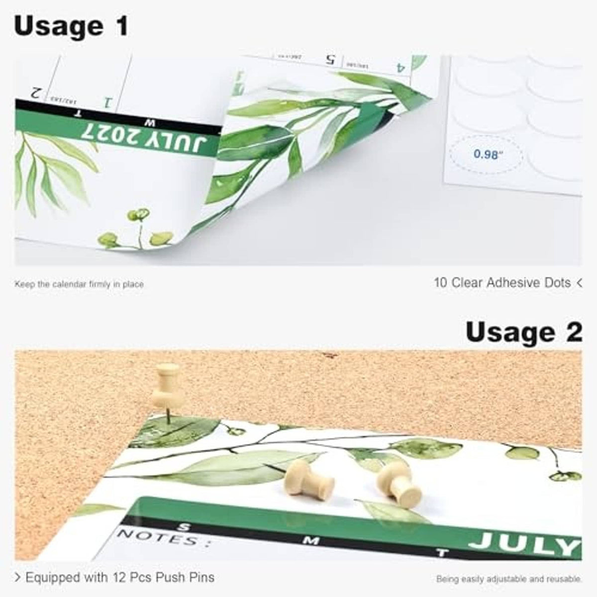 Laminated green-plants wall calendar with dry-erase surface, push pins and adhesive dots