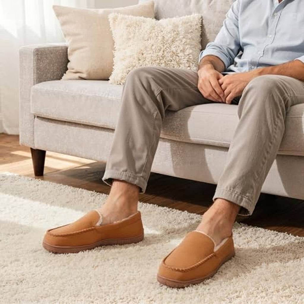 Men's beige slippers worn with soft lining and low-profile moccasin design